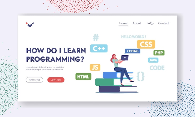 Vector programación, codificación de plantilla de página de destino. programador minúsculo personaje femenino sentado en enorme pila de libros de texto trabajar en portátiles desarrollando idiomas, sitios web o software. ilustración de vector de gente de dibujos animados