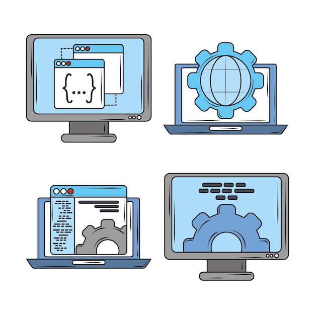 Programación y codificación de software digital de desarrollo web, ilustración de iconos de pantallas de computadora portátil