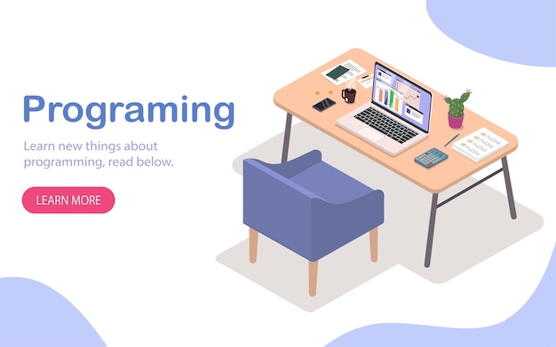 Programación de diseño de páginas de aterrizaje workolace para it especialista y programador portátil en la mesa de codificación