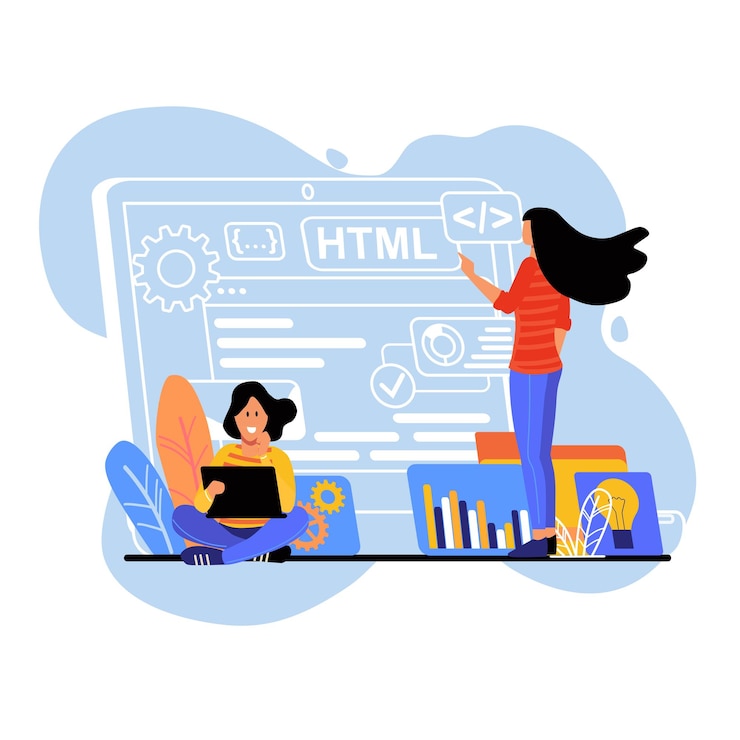 Vector programación html de concepto azul con escena de personas en el diseño de dibujos animados planos dos programadores