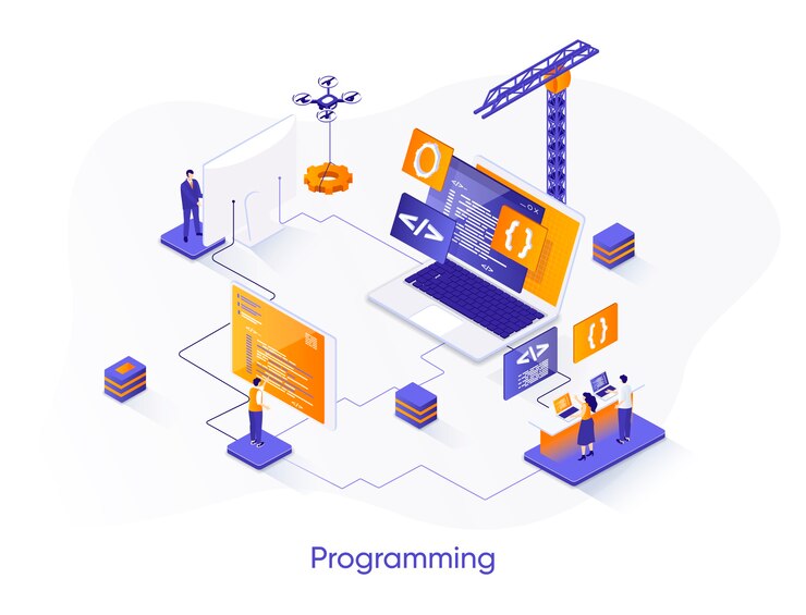 Vector programación de ilustración isométrica con personajes de personas.