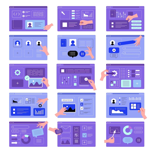 Programación de interfaz de usuario de manos Diseñadores que crean interfaces de aplicaciones plantillas web conjunto de marketing ilustraciones vectoriales recientes uix