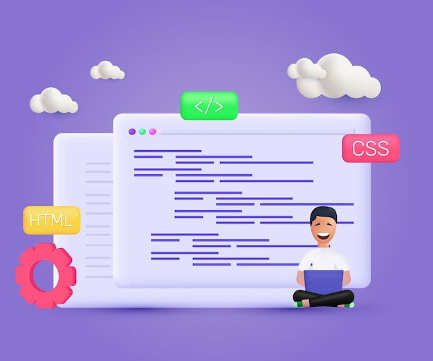 Programación de sitios web 3D realistas codificación desarrollo web diseño vectorial de estilo influyente