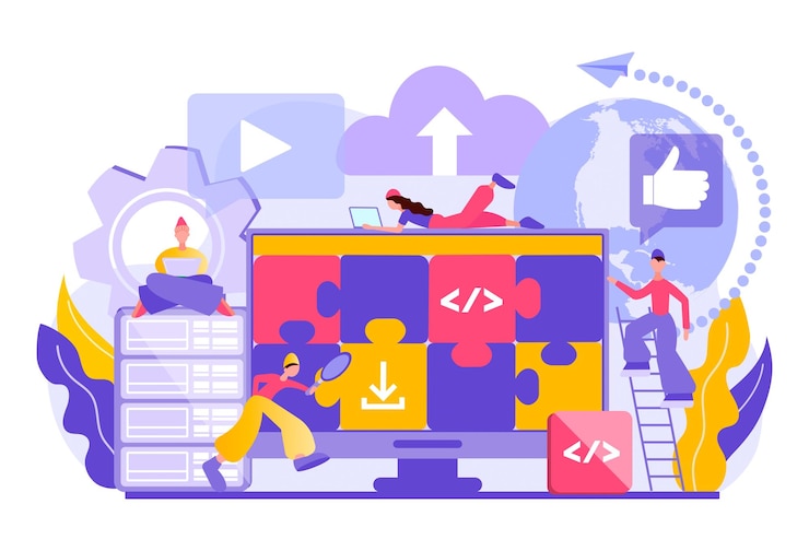 Vector programación y soporte de sitios web servicios de promoción de sitios web optimización seo ilustración vectorial
