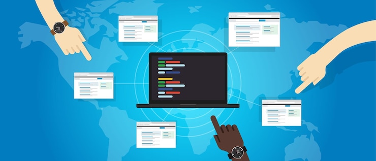 Vector programación web colaboración equipo línea de código mano juntos varias páginas web línea de código
