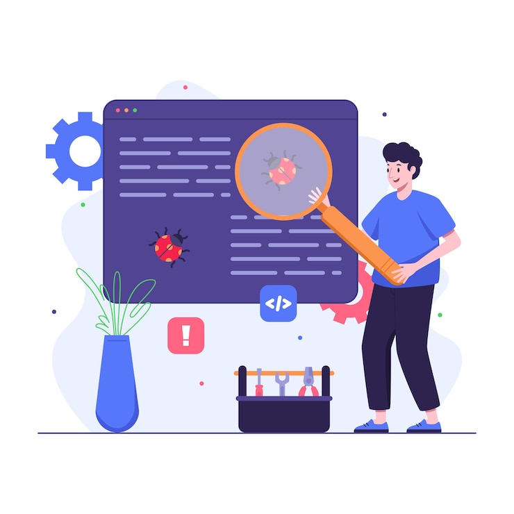 Vector programador buscando y arreglando errores