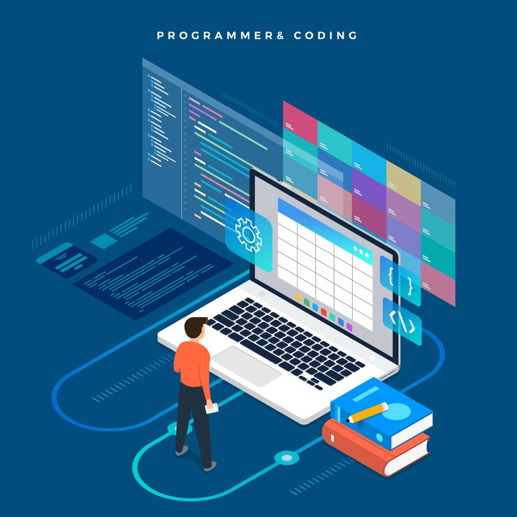 Vector programador y codificación de concepto isométrico. ilustración. diseño del sitio web.