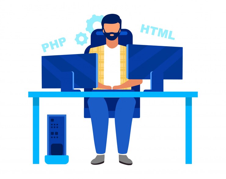 Vector programador, codificador ilustración vectorial plana. ingeniero de software, desarrollador profesional aislado personaje de dibujos animados. call center, trabajador del departamento de ti, freelance, outsourcer