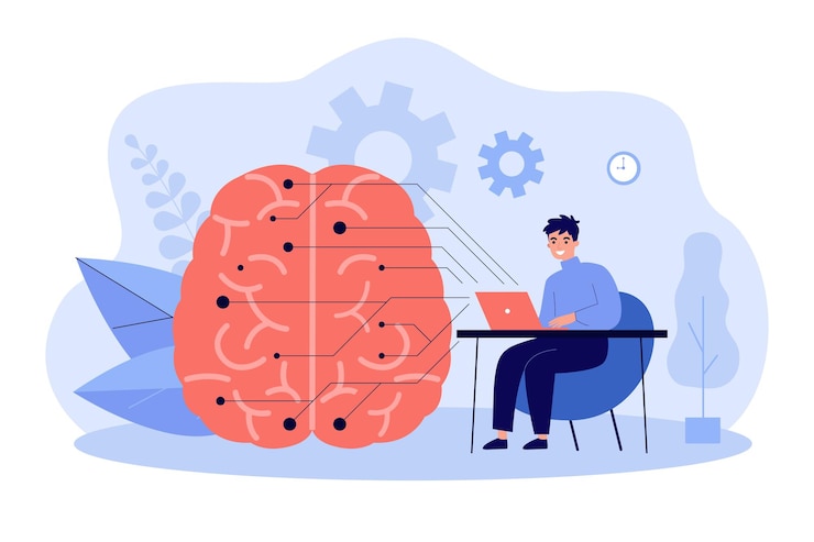 Vector programador con computadora aprendiendo ilustración plana ai