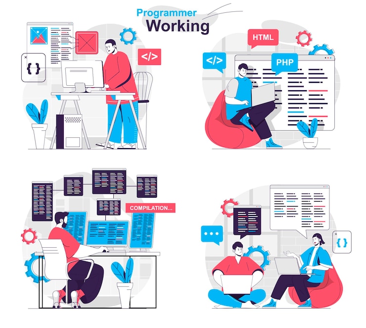 Vector programador conjunto de conceptos de trabajo el desarrollador crea software y prueba programas
