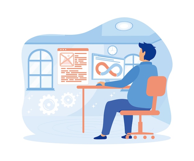 Programador Desarrollador crea software y código de programación de vector plano ilustración moderna