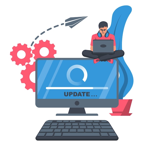 El programador detrás de la pantalla de la computadora Nueva versión del software Proceso de instalación y actualización