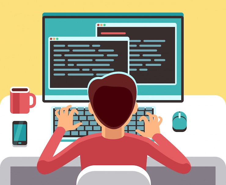 Vector programador del hombre joven que trabaja en la computadora con código en la pantalla. concepto de vector de programación de estudiantes