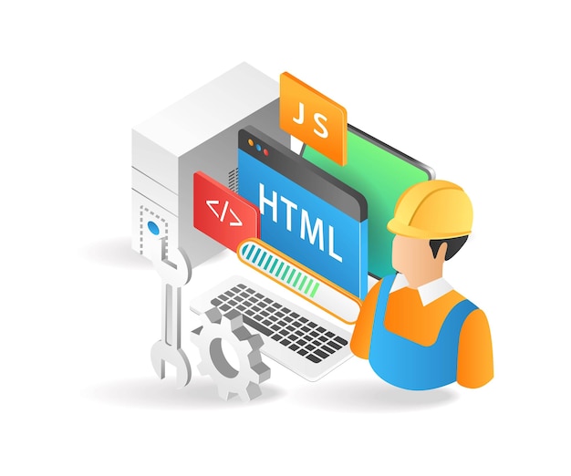Programador de ilustración 3d isométrica plana desarrollador y mantenedor de aplicaciones web