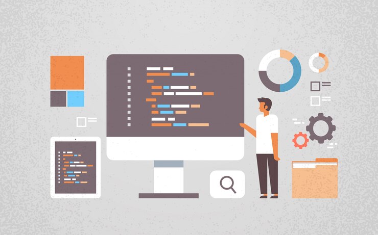 Vector programador independiente que trabaja en desarrollo de software
