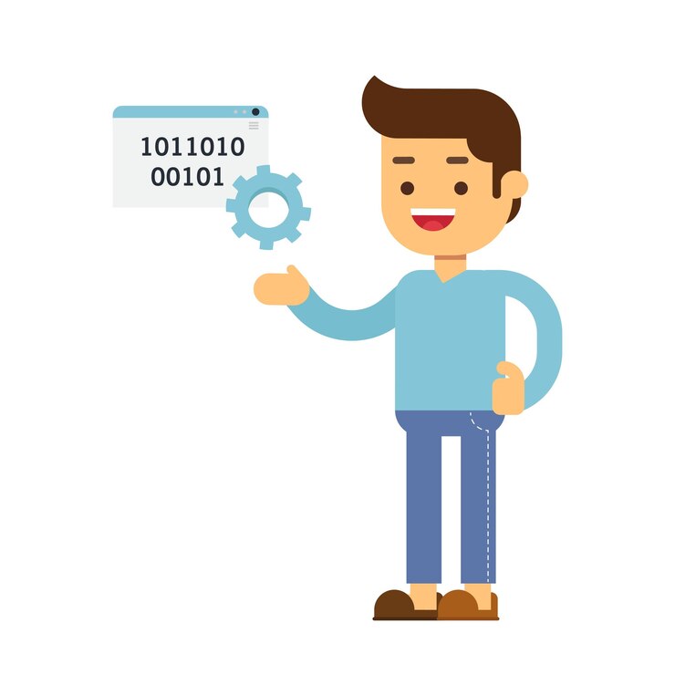 Vector programador de ingeniero de software de big data de hombre con computadora portátil