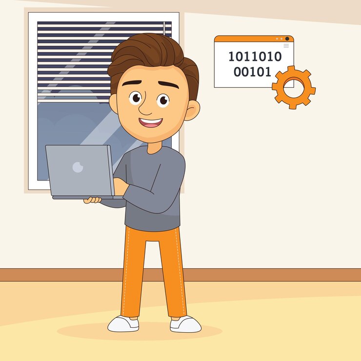Vector programador de ingeniero de software de big data de hombre con computadora portátil