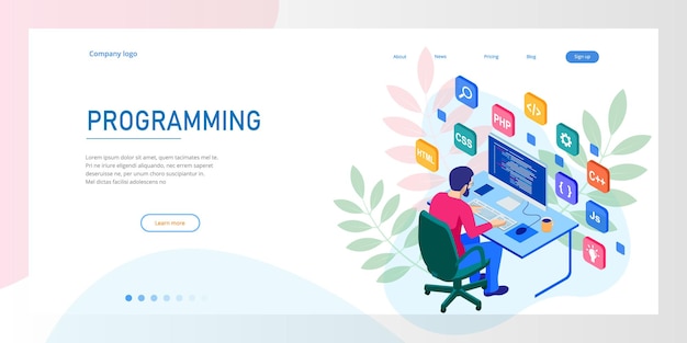 Programador isométrico codificando nuevo proyecto. desarrollador web, concepto de programación. plantilla de desarrollo de página de destino o sitio web móvil.