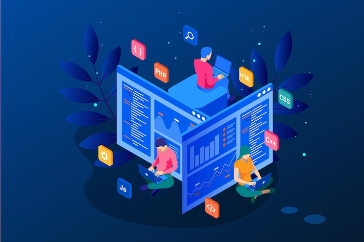 Vector programador isométrico codificando nuevo proyecto. habilidades de programación y desarrollo web para sitios web. web banner ilustración proyecto equipo de ingenieros para sitio web, php, html, css, js.