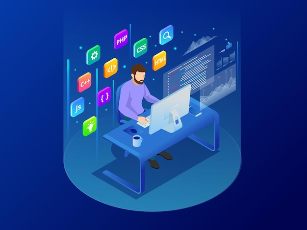 Programador isométrico que codifica un nuevo proyecto sentado en una computadora con desarrollo web de línea de comando, banner de concepto de programación Programador de dispositivos digitales que crea software de computadora de escritura de sitios web.