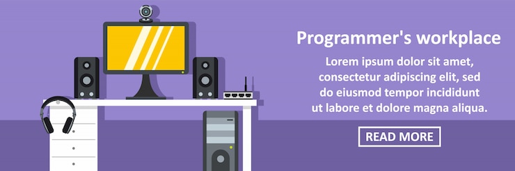 Vector programador lugar de trabajo banner concepto horizontal