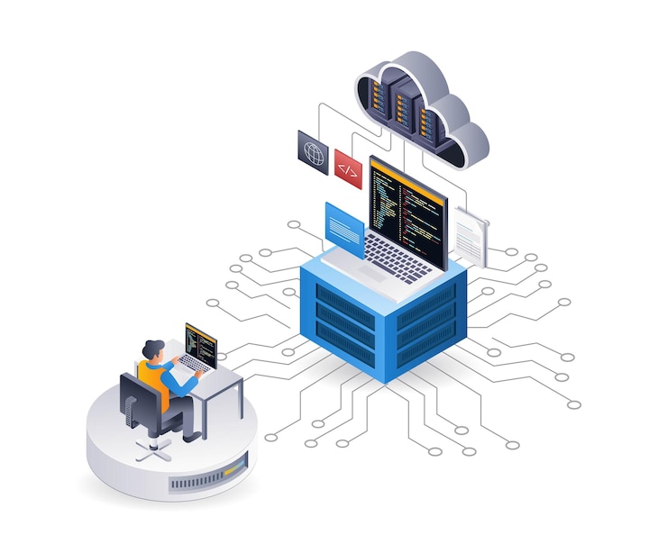 Vector programador mantiene tecnología servidor en la nube isométrica plana ilustración 3d infográfica