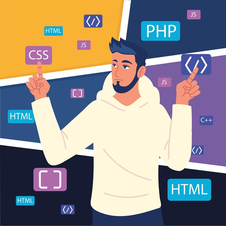 Vector programador masculino con códigos de desarrollo