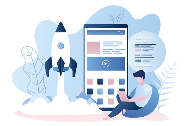 el programador y el nuevo concepto de inicio de la aplicación del teléfono inteligente despegan el desarrollo del backend de la nave espacial