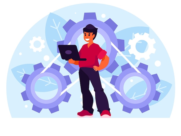 Programador de pie con una computadora portátil Hombre sosteniendo una computadora portable Mecanismo de engranajes de tres dientes Trabajo duro