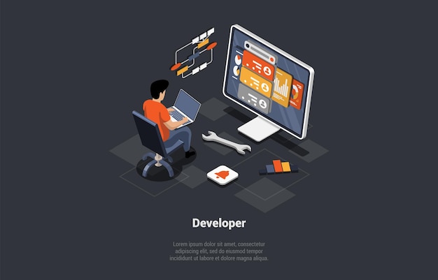 Programador de procesos de codificación de desarrollo de software o desarrollador web escribiendo nuevo código en la pantalla del portátil con script de código e ingeniero codificador de Windows abierto en el lugar de trabajo Ilustración vectorial 3d isométrica