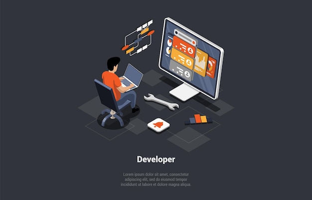 Programador de procesos de codificación de desarrollo de software o desarrollador web escribiendo nuevo código en la pantalla del portátil con script de código e ingeniero codificador de windows abierto en el lugar de trabajo ilustración vectorial 3d isométrica