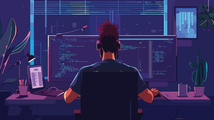 Vector programador profesional que trabaja en un escritorio de computadora en un entorno de oficina remoto