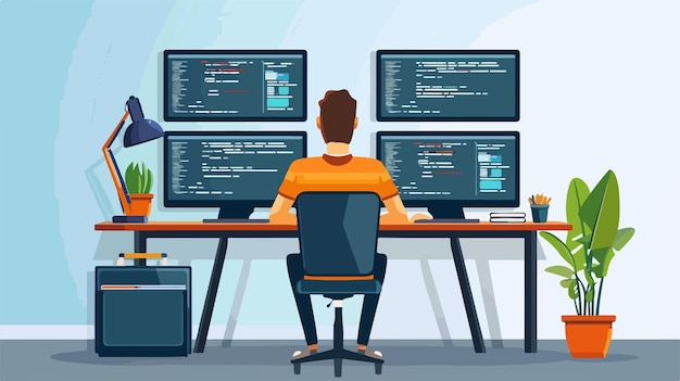 Programador profesional trabajando en computadora y portátil en la estación de trabajo