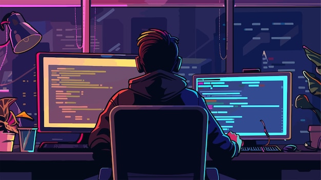Programador profesional trabajando en la pantalla de código desde la vista trasera