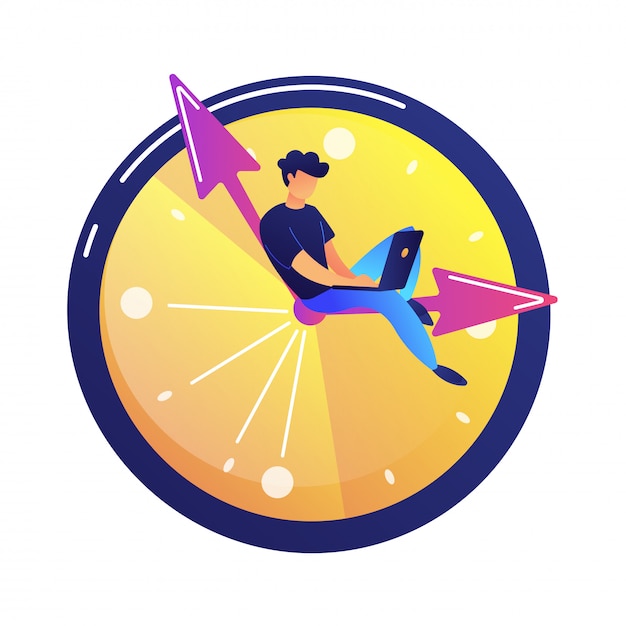 Programador que trabaja en la computadora portátil que se sienta en la mano en una ilustración de vector de reloj grande.
