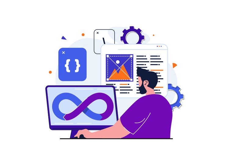 Vector el programador que trabaja en un concepto plano moderno para el desarrollador de diseño de banners web crea software
