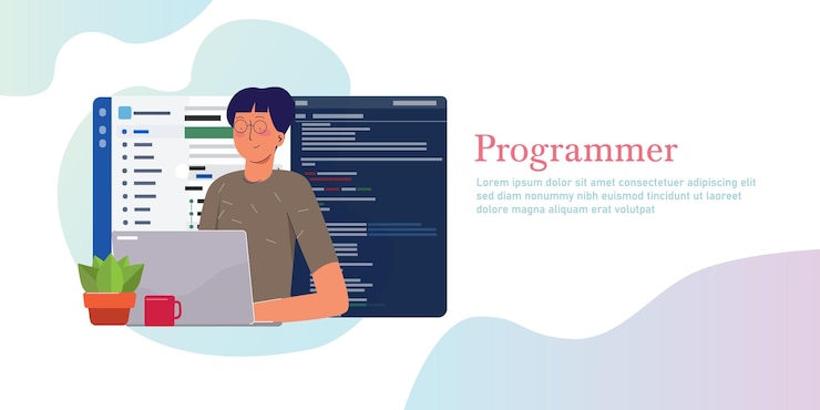 Vector programador que trabaja escribiendo código en una computadora portátil con una línea de lenguaje de programación de código en la pantalla desarrollador web que utiliza el repositorio de control de versiones