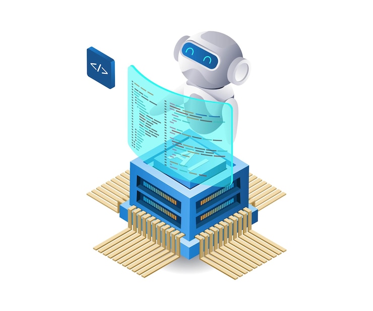 Vector programador robot ai tecnología infográfica ilustración 3d plano isométrico