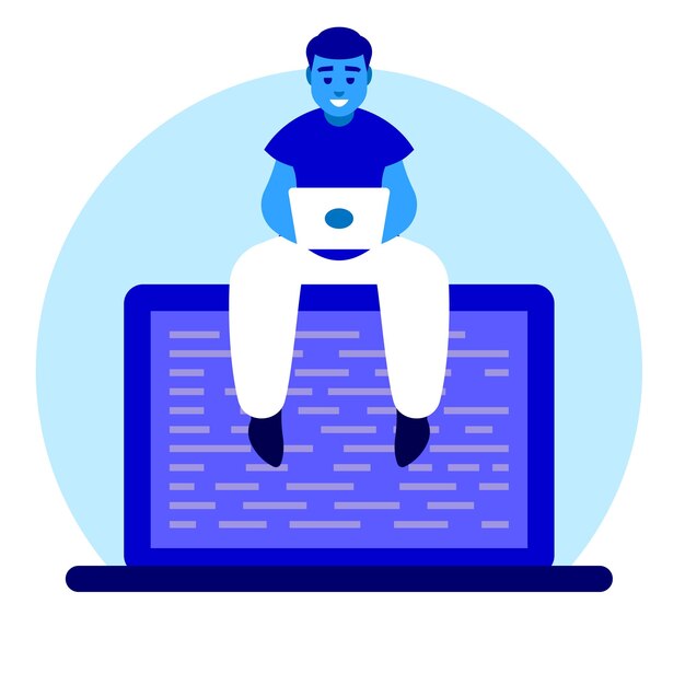 Programador sentado en la computadora portátil tema azul plano mínimo vector simple