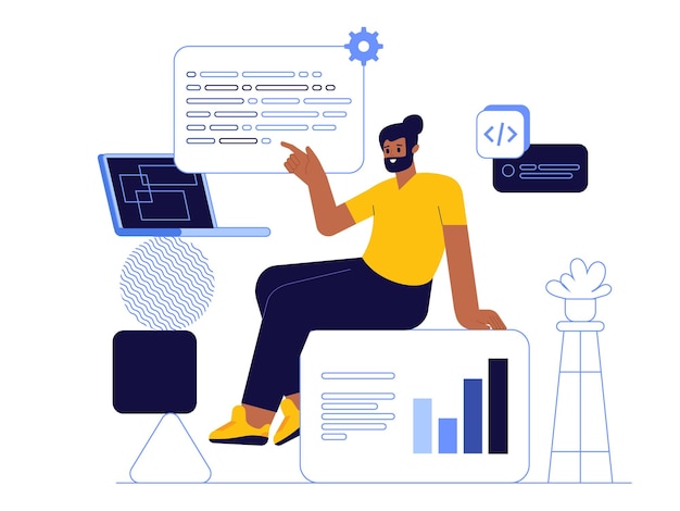 Programador sentado en la infografía y trabajando en la computadora portátil
