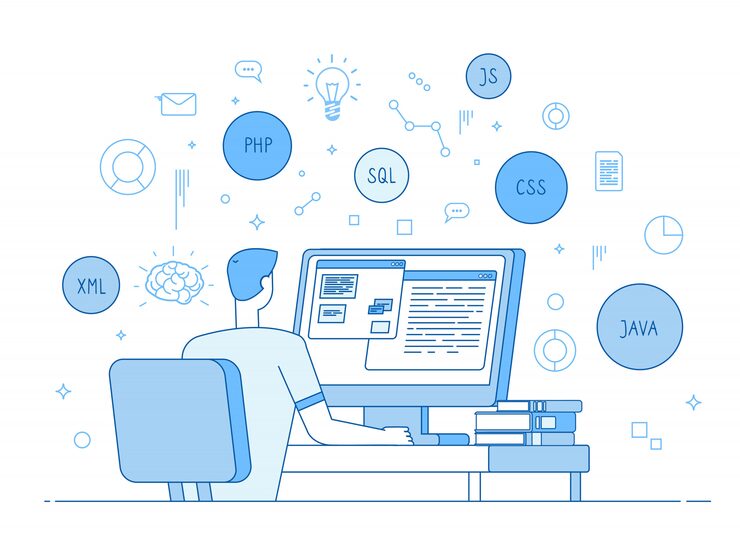 Vector programador del sitio web de codificación. coder web er funciona en javascript, lenguaje de programación de código php. concepto de desarrollo de software
