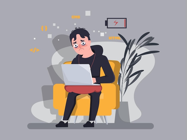 El programador trabaja duro y no descansa en el asiento Trabaja desde casa