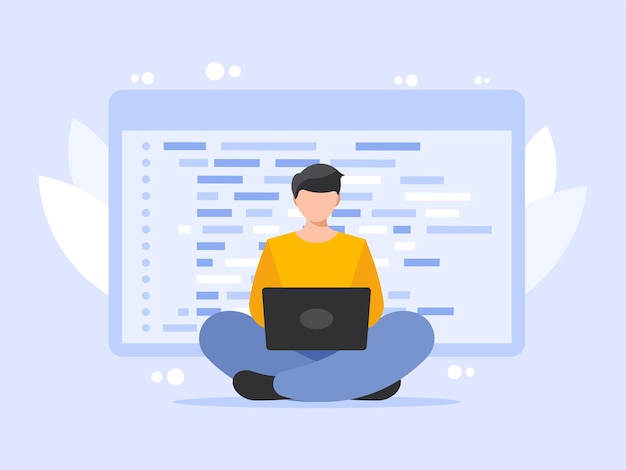 Programador trabajando en la computadora portátil en el fondo de la ventana con el código del programa gráficos vectoriales