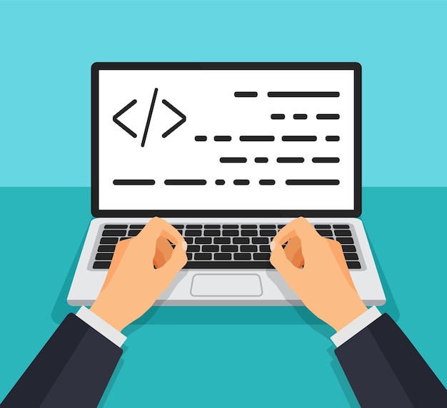 Programador trabajando escribiendo código. Hombre escribiendo en el teclado con código en la pantalla. Desarrollador web, diseño, programación. Concepto de codificación.