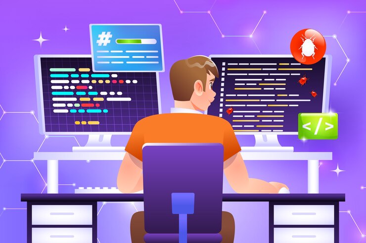 Vector un programador trabajando en un proyecto con dos pantallas de computadora en la oficina