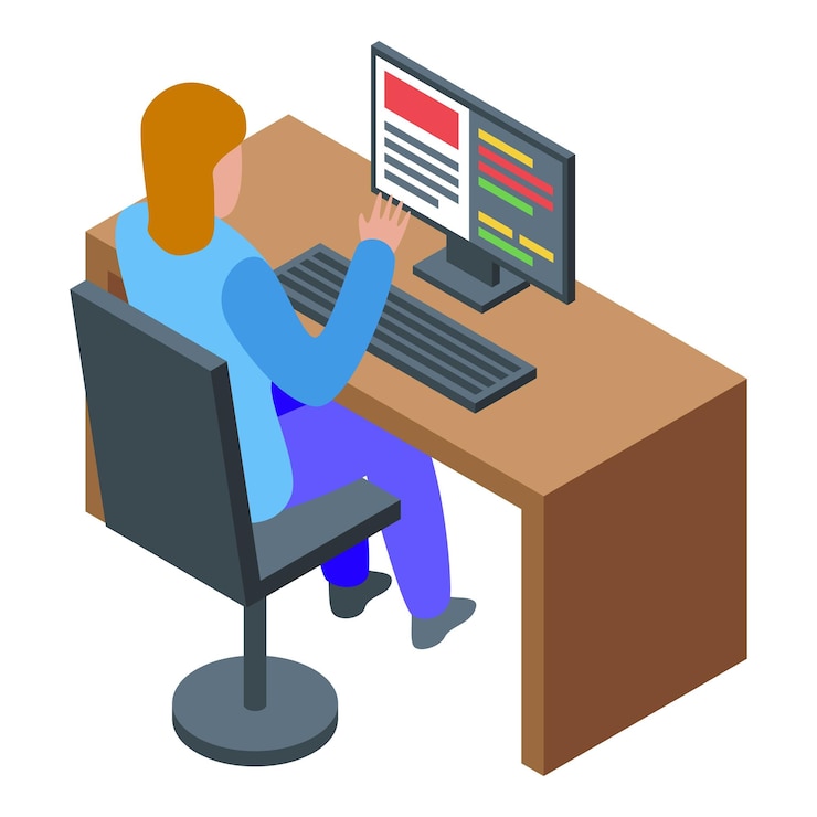 Vector programadora trabajando en su computadora desarrollando nuevo software