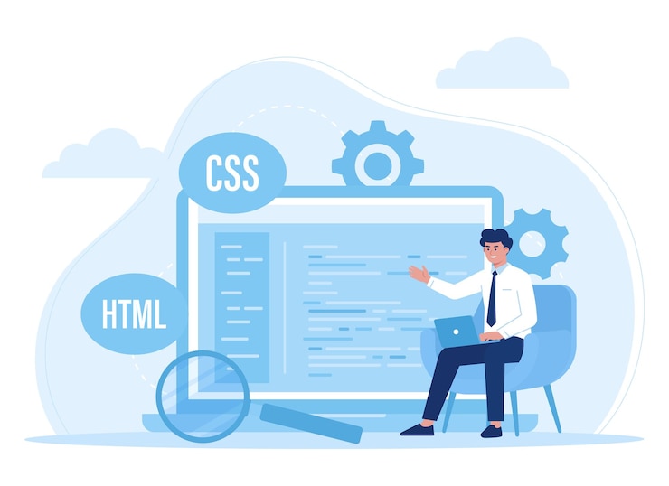 Vector los programadores aprenden programación a través de computadoras en sitios web de tendencias cocept ilustración plana