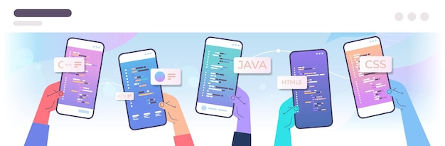 Programadores manos escribiendo código para aplicaciones móviles en pantallas de teléfonos inteligentes software de ingeniería codificación lenguajes de programación concepto de diseño de aplicaciones ilustración vectorial horizontal