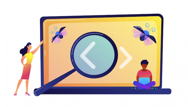 Programadores que buscan un error en la pantalla del portátil con la ilustración de vector de lupa.