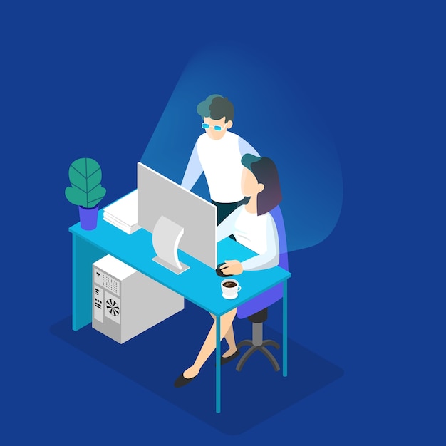 Programadores que trabajan en la computadora en la oficina. El hombre ayuda a la mujer. Lluvia de ideas del equipo de negocios. ilustración isométrica